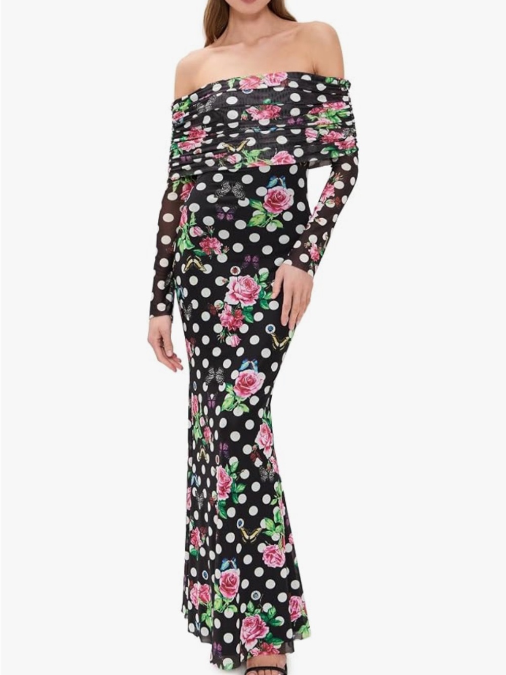 AFRM Women’s Thelma Maxi Dress, Black Polka dot butterfly floral, Large NWT